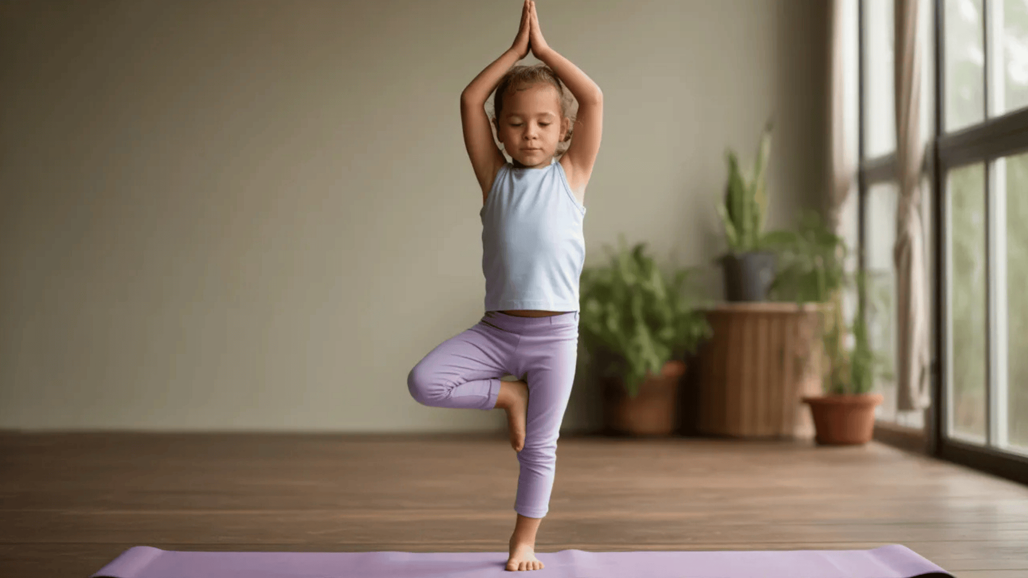 young child practicing yoga in the tree pose on a purple mat in a peaceful room