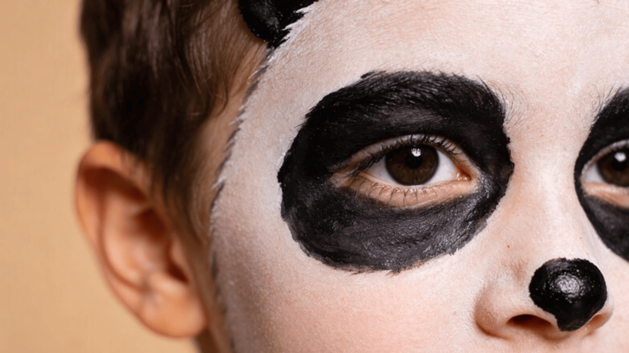 young kid with panda face paint, crisp black eye markings and small painted nose, only face visible