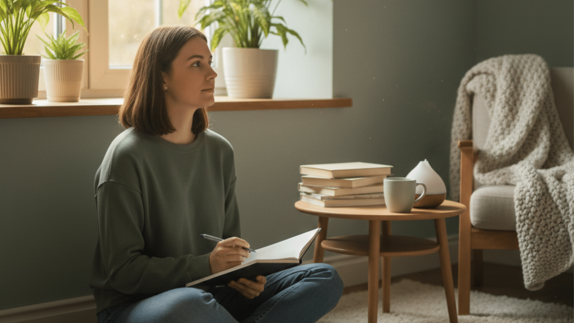 young woman sitting on the floor, journaling and reflecting in a calm, plant-filled room